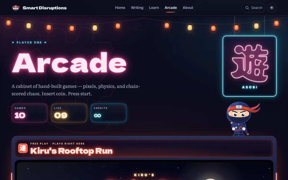 The Arcade: a neon Arcade sign under paper lanterns, a glowing 遊 sign, Kiru, and Kiru’s Rooftop Run, which plays right on the page.