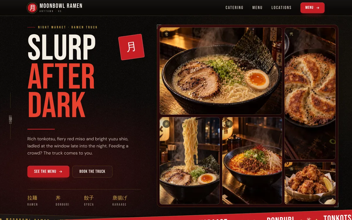 The Moonbowl Ramen website. The words Slurp After Dark beside a grid of night-lit food photos: tonkotsu ramen, pan-fried gyoza, noodles lifted on chopsticks, spicy miso ramen and fried chicken.