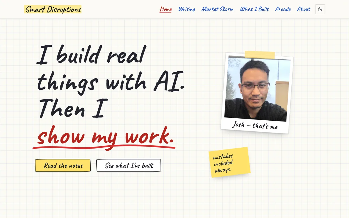 The Notebook design of this site. Handwritten headlines on white graph paper, a photo of Josh taped to the page and a yellow sticky note.