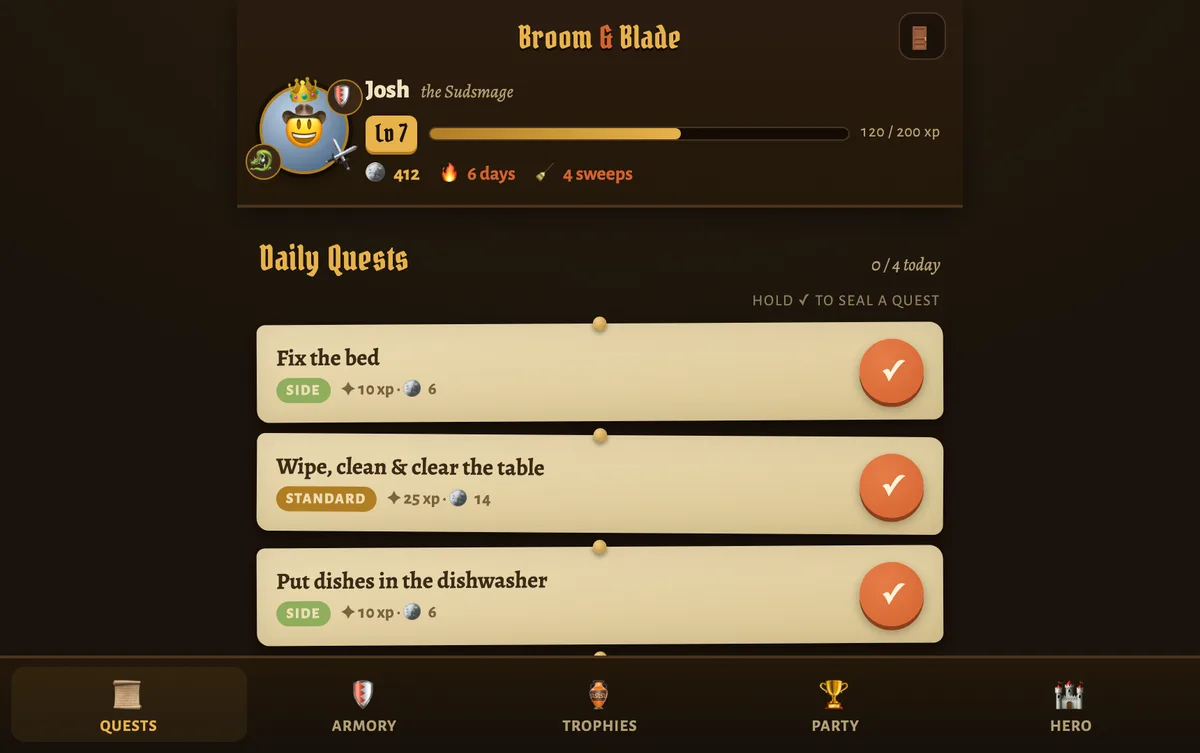 The Broom & Blade chore board, showing the day’s chores as quests with rewards beside them.