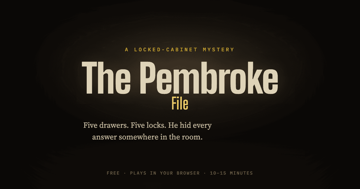 The Pembroke File site — a dark case room lit by a single desk lamp.