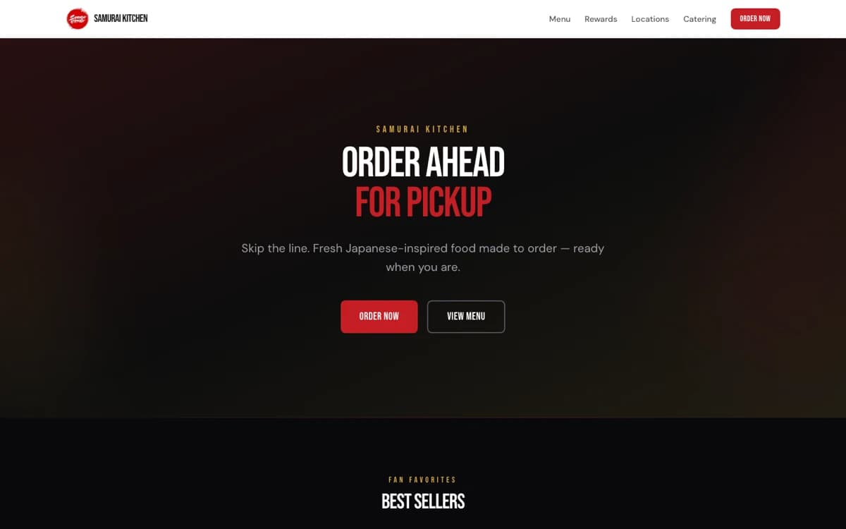 The Samurai Kitchen site, catering-first with online ordering.