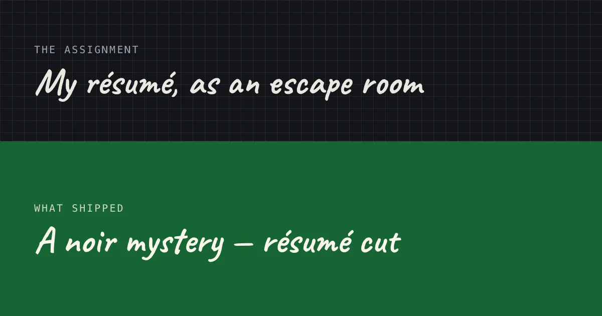 Split card: the assignment — my résumé as an escape room — against what shipped: a stolen-diamond noir with the résumé cut, the same puzzles, and thirty-three prompts of which none were code.