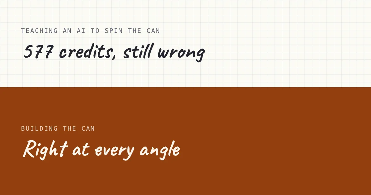 Split card: 577 credits spent teaching a generative video model to rotate a can consistently, against the fix — building the can as real 3D geometry wearing a typeset label, correct at every angle.