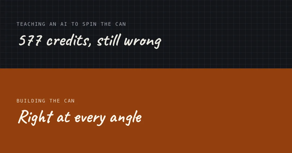 Split card: 577 credits spent teaching a generative video model to rotate a can consistently, against the fix — building the can as real 3D geometry wearing a typeset label, correct at every angle.