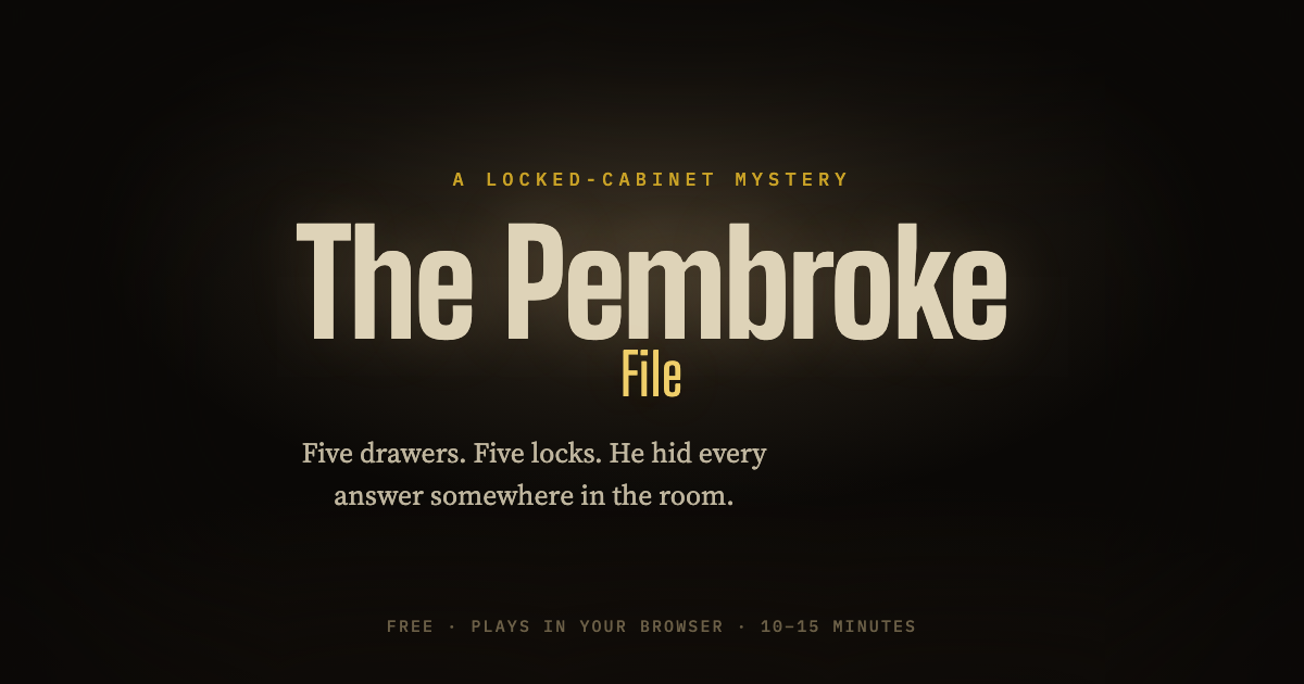 The Pembroke File website. A dark office lit by a single desk lamp.