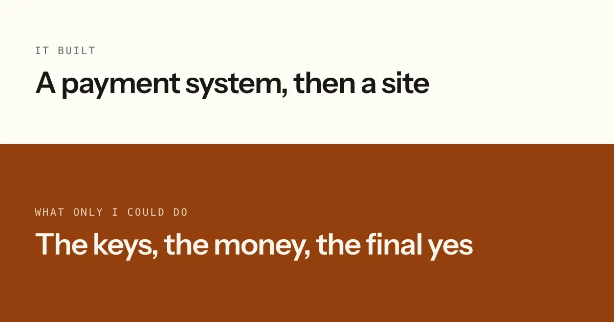 Two panels: what the AI built — a payment system, then a website — above the three things only I could do: the keys, the money, the final yes.
