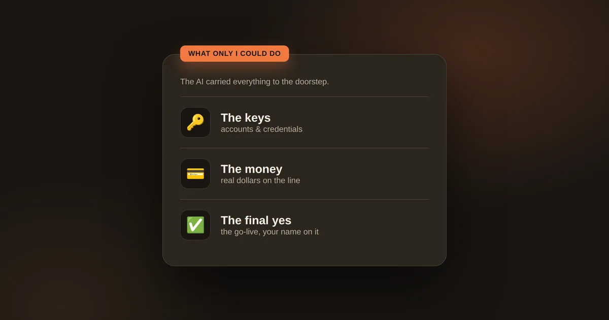 A card titled 'What only I could do' with three rows — the keys (accounts and credentials), the money (real dollars), and the final yes (the go-live, your name on it).