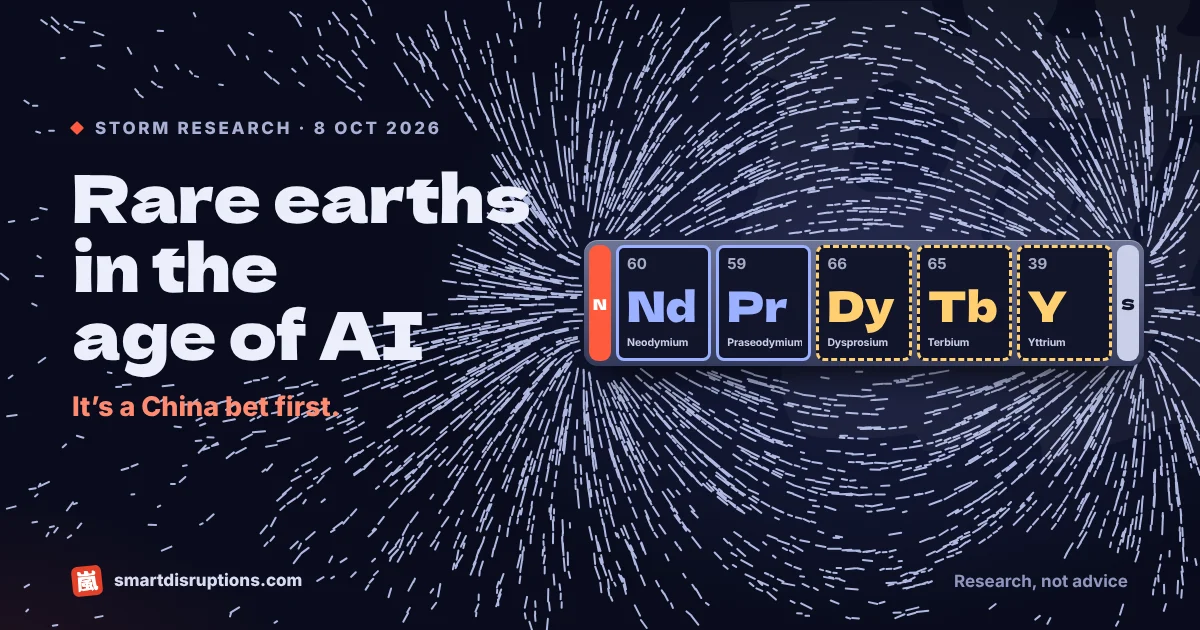 Rare earths in the age of AI: it’s a China bet first. Iron filings line up around a bar magnet made of the five magnet elements: neodymium, praseodymium, dysprosium, terbium and yttrium.